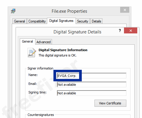 Screenshot of the EVGA Corp. certificate